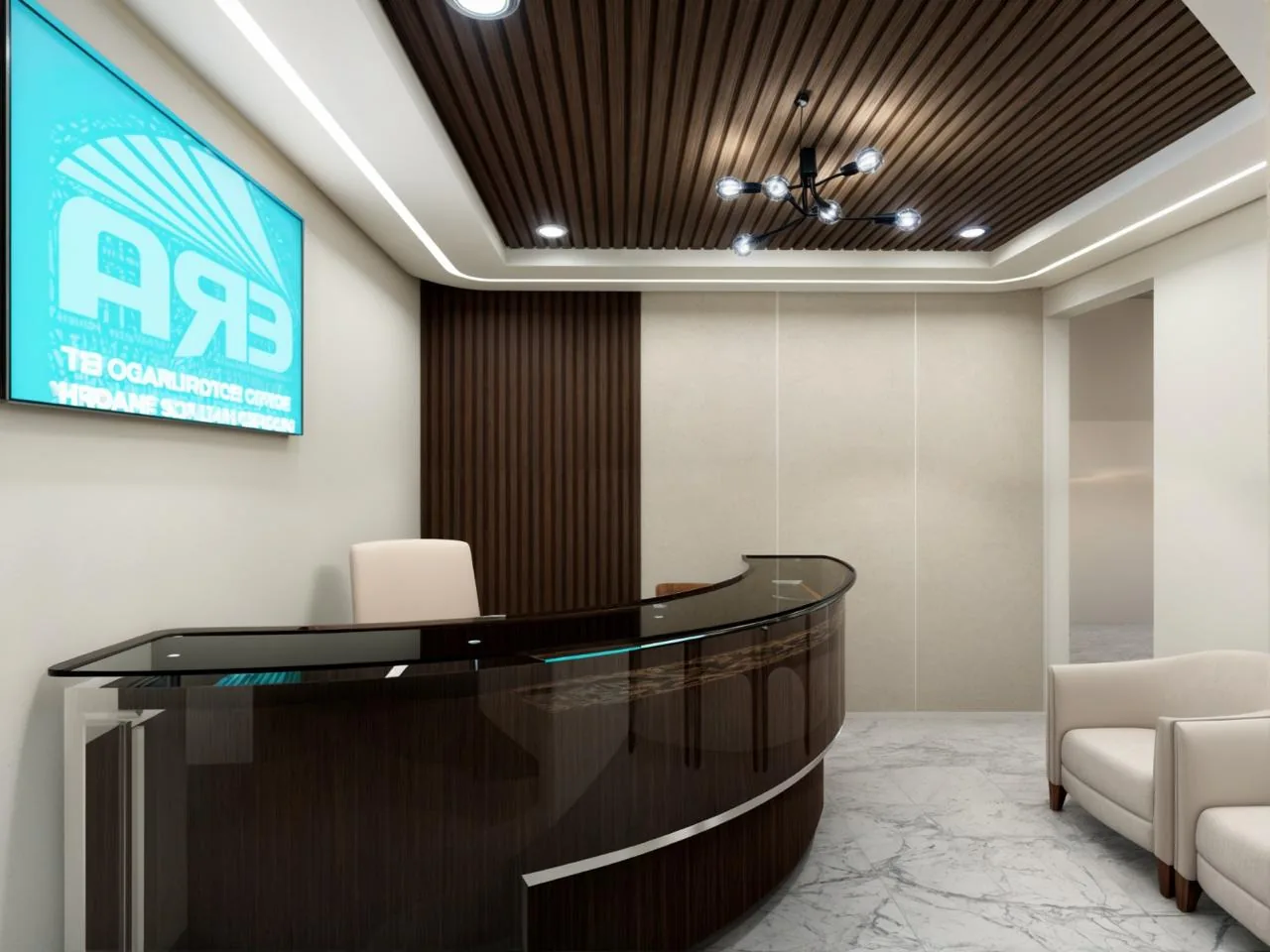 Render de recepción corporativa con mostrador curvo y plafón de madera